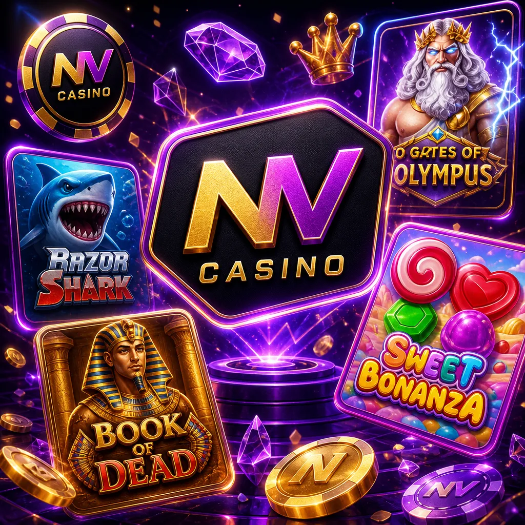 NV Casino branded promo image with neon purple, gold accents, and slot visuals for a modern iGaming feel.
